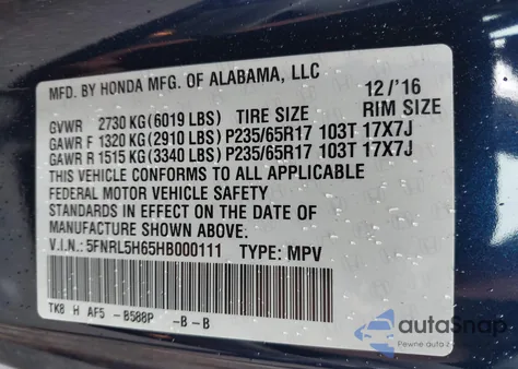 2017 Honda Odyssey Ex-L z USA, uszkodzony, nr VIN 5FNRL5H65HB000111